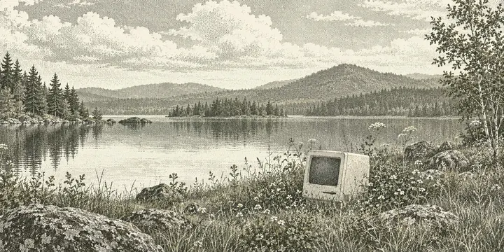 A dotted illustration of a small vintage computer among wildflowers beside a quiet lake.